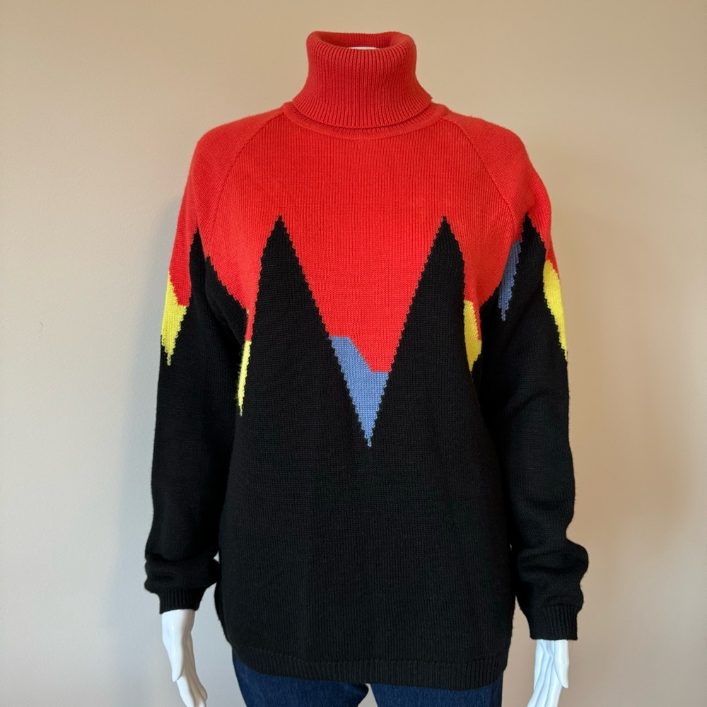 Vintage Escada Mondi Wool Turtleneck Italy Geometric Abstract Print Sweater 42